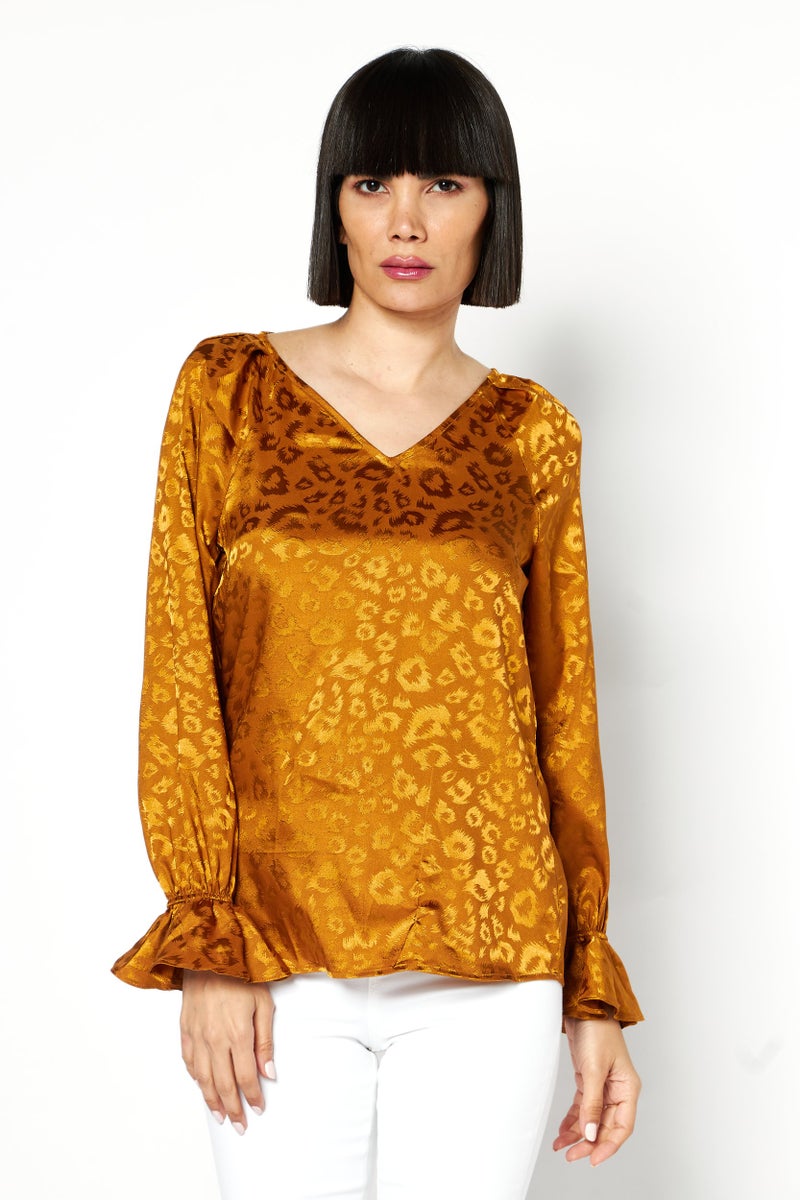 Bar III Women V-neck Allover Print Long Sleeves Top, Brown - Image 1